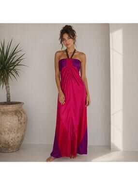 A Common Thread Purple Red Silk Halter Maxi Dres Small